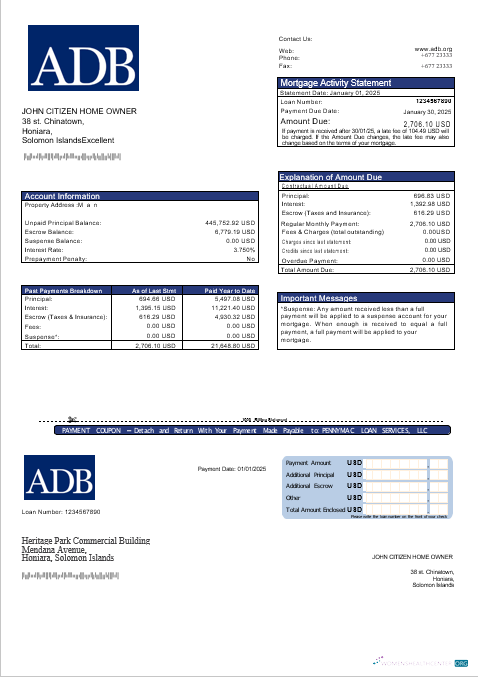 Download Solomon Islands ADB bank mortgage statement in Word and PDF formats Photoshop template